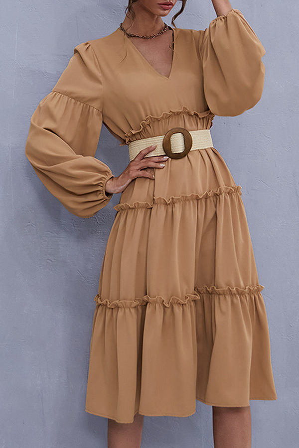 Elegant Solid Split Joint Flounce V Neck Cake Skirt Dresses (Without Belt) - Fashionpara