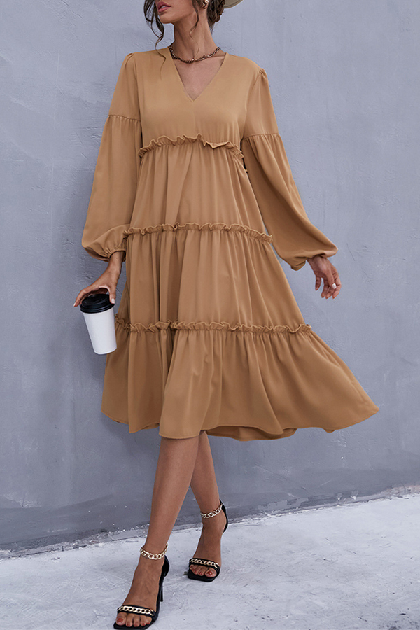 Elegant Solid Split Joint Flounce V Neck Cake Skirt Dresses (Without Belt) - Fashionpara