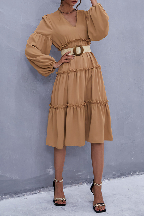 Elegant Solid Split Joint Flounce V Neck Cake Skirt Dresses (Without Belt) - Fashionpara