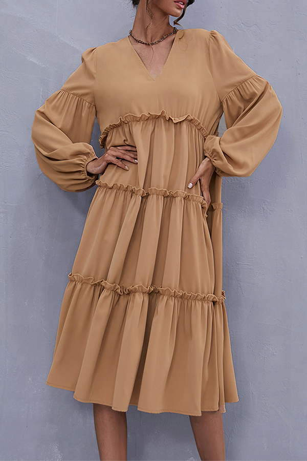 Elegant Solid Split Joint Flounce V Neck Cake Skirt Dresses (Without Belt) - Fashionpara