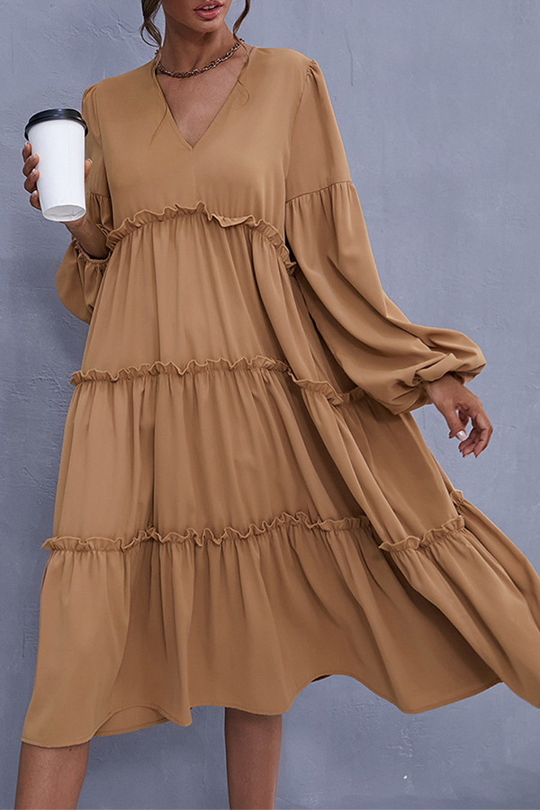 Elegant Solid Split Joint Flounce V Neck Cake Skirt Dresses (Without Belt) - Fashionpara