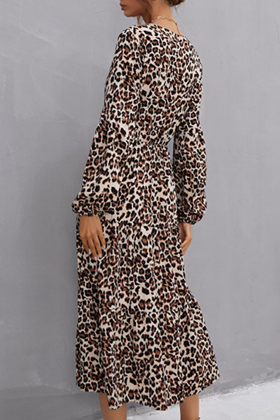 Elegant Leopard Frenulum Buckle A Line Dresses - Fashionpara