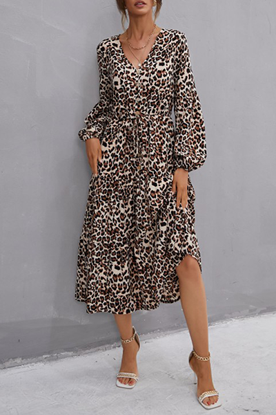 Elegant Leopard Frenulum Buckle A Line Dresses - Fashionpara