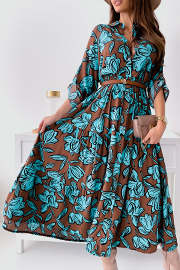 Elegant Floral Patchwork Buckle Turndown Collar A Line Dresses - Fashionpara