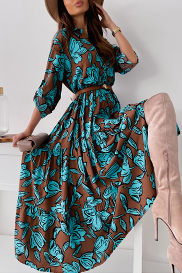 Elegant Floral Patchwork Buckle Turndown Collar A Line Dresses - Fashionpara