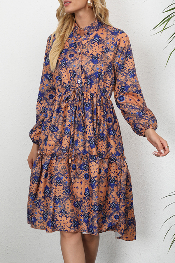 Elegant Print Buckle Stringy Selvedge Mandarin Collar A Line Dresses - Fashionpara
