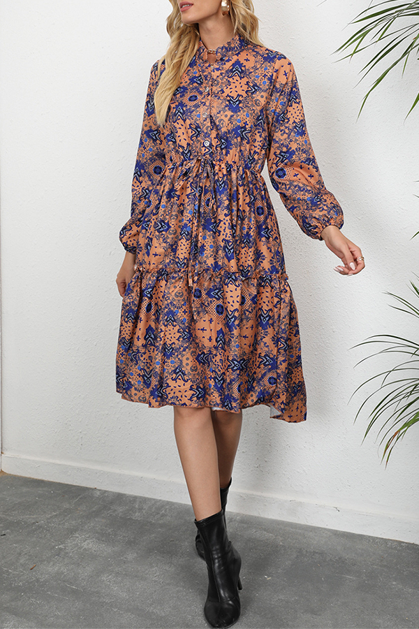 Elegant Print Buckle Stringy Selvedge Mandarin Collar A Line Dresses - Fashionpara