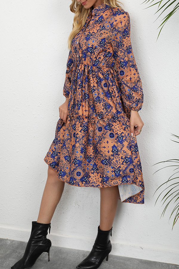 Elegant Print Buckle Stringy Selvedge Mandarin Collar A Line Dresses - Fashionpara
