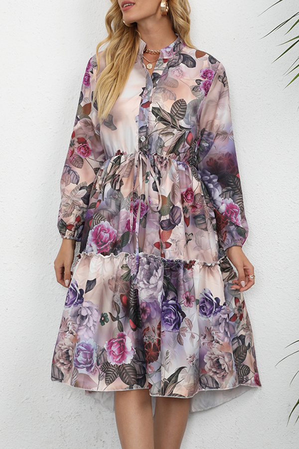 Elegant Print Buckle Stringy Selvedge Mandarin Collar A Line Dresses - Fashionpara