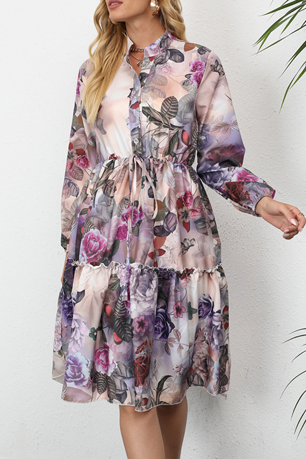 Elegant Print Buckle Stringy Selvedge Mandarin Collar A Line Dresses - Fashionpara