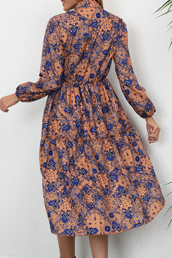 Elegant Print Buckle Stringy Selvedge Mandarin Collar A Line Dresses - Fashionpara
