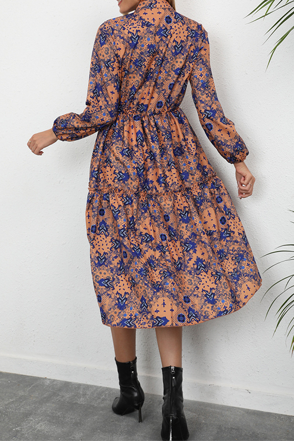 Elegant Print Buckle Stringy Selvedge Mandarin Collar A Line Dresses - Fashionpara