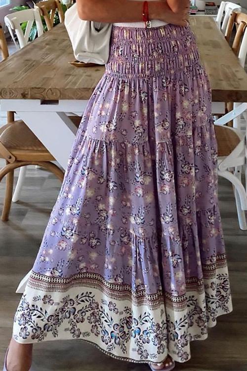 Floral Print Elastic Maxi Skirts - Fashionpara