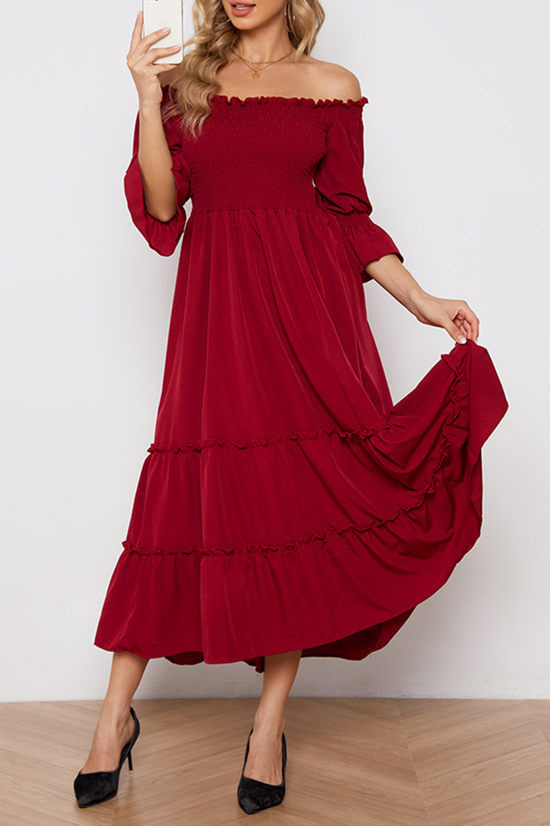 Elegant Solid Split Joint Stringy Selvedge Off the Shoulder Dresses - Fashionpara