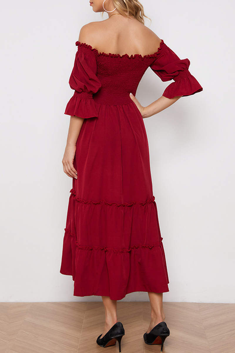 Elegant Solid Split Joint Stringy Selvedge Off the Shoulder Dresses - Fashionpara