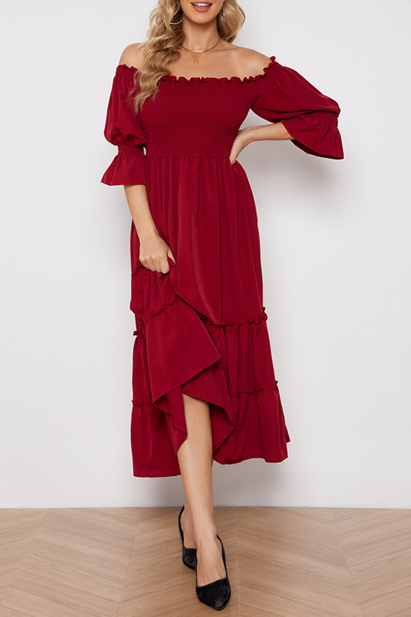 Elegant Solid Split Joint Stringy Selvedge Off the Shoulder Dresses - Fashionpara