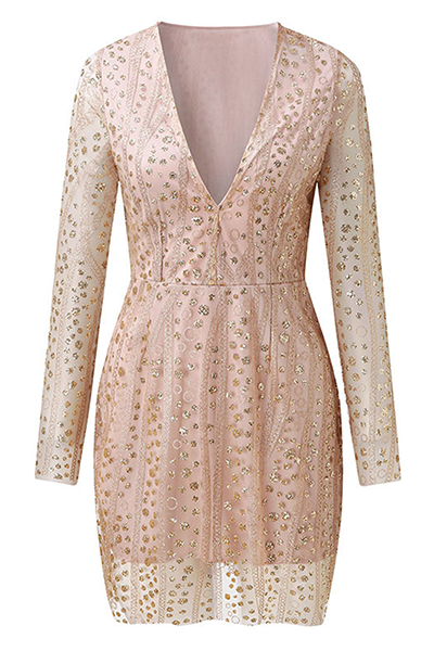 Fashion Elegant Patchwork Sequins See-through Mesh V Neck Pencil Skirt Dresses - Fashionpara