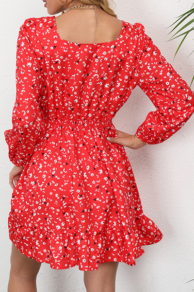 Elegant Floral Split Joint Square Collar Waist Skirt Dresses - Fashionpara