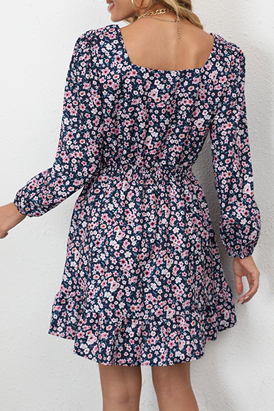 Elegant Floral Split Joint Square Collar Waist Skirt Dresses - Fashionpara