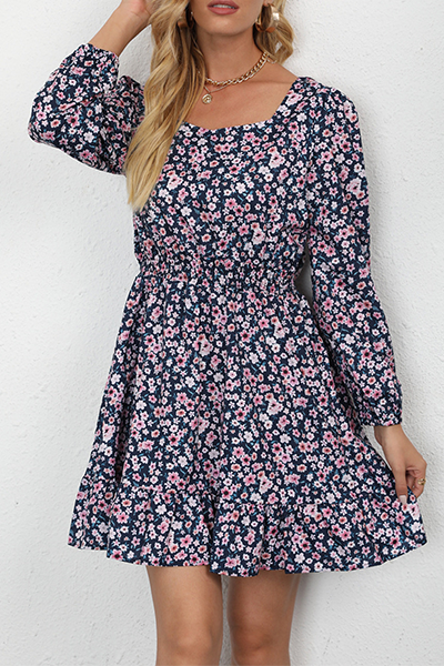 Elegant Floral Split Joint Square Collar Waist Skirt Dresses - Fashionpara