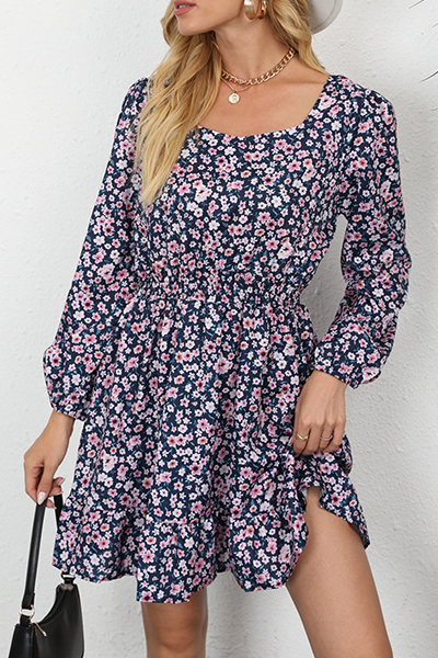 Elegant Floral Split Joint Square Collar Waist Skirt Dresses - Fashionpara