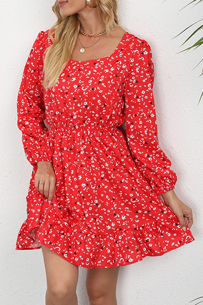 Elegant Floral Split Joint Square Collar Waist Skirt Dresses - Fashionpara