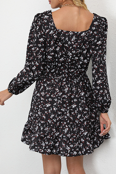 Elegant Floral Split Joint Square Collar Waist Skirt Dresses - Fashionpara