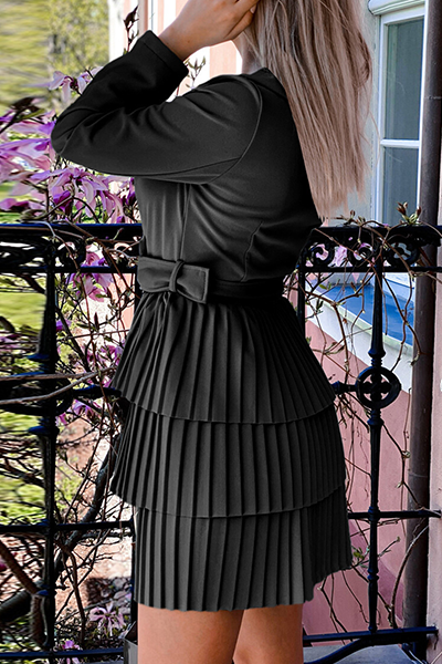 Elegant Solid Patchwork With Belt Turndown Collar Pleated Dresses - Fashionpara