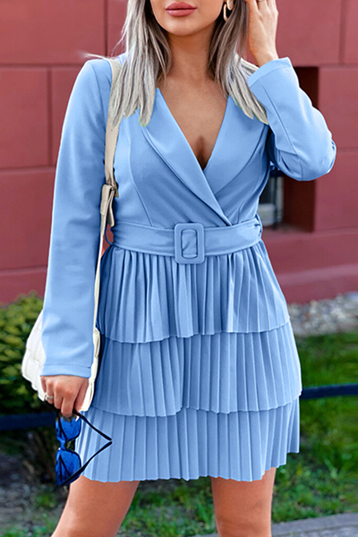 Elegant Solid Patchwork With Belt Turndown Collar Pleated Dresses - Fashionpara