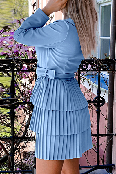 Elegant Solid Patchwork With Belt Turndown Collar Pleated Dresses - Fashionpara