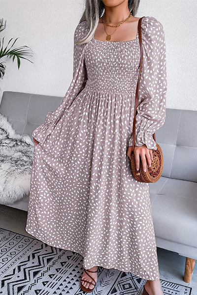 Elegant Print Flounce Fold Square Collar Dresses - Fashionpara