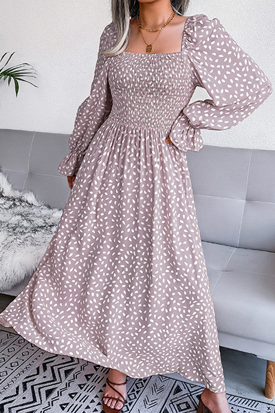 Elegant Print Flounce Fold Square Collar Dresses - Fashionpara