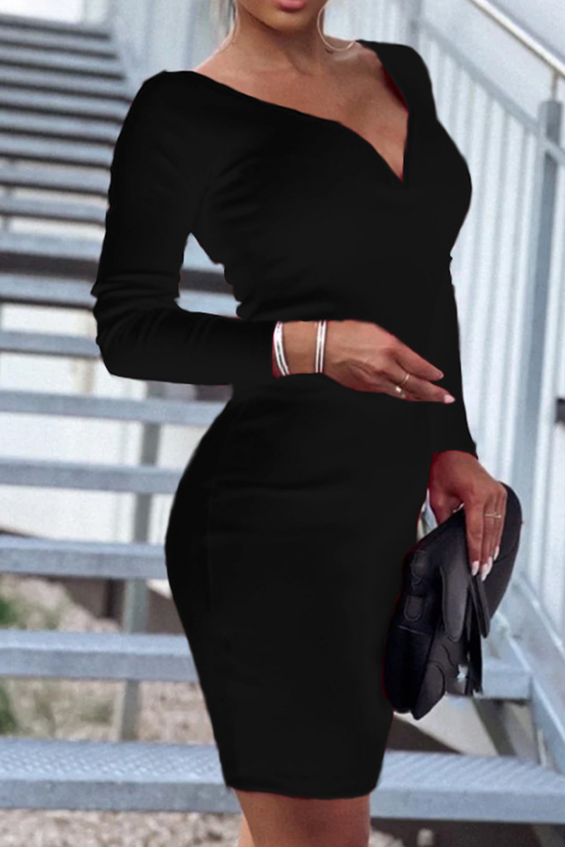 Elegant Solid Split Joint Basic V Neck Pencil Skirt Dresses(7 Colors) - Fashionpara