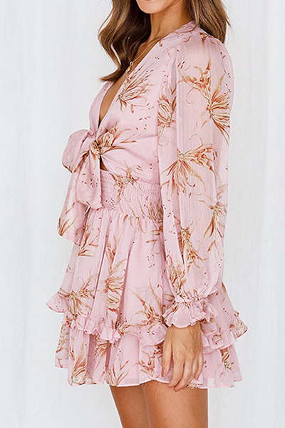 Fashion Elegant Floral Flounce Strap Design V Neck Dresses - Fashionpara