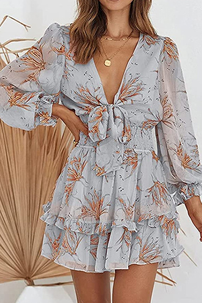 Fashion Elegant Floral Flounce Strap Design V Neck Dresses - Fashionpara