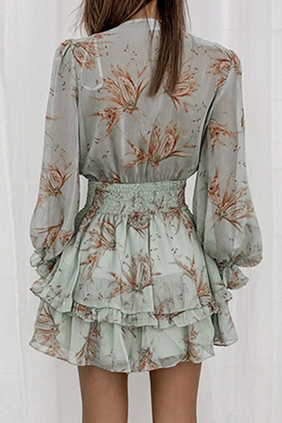 Fashion Elegant Floral Flounce Strap Design V Neck Dresses - Fashionpara