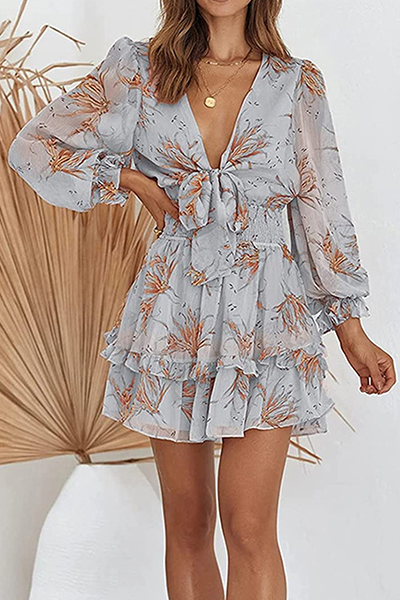 Fashion Elegant Floral Flounce Strap Design V Neck Dresses - Fashionpara