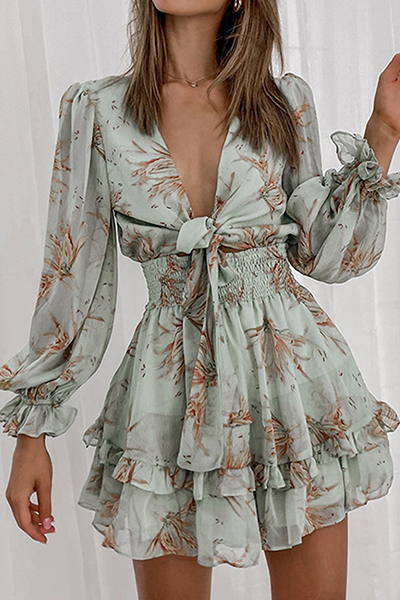 Fashion Elegant Floral Flounce Strap Design V Neck Dresses - Fashionpara