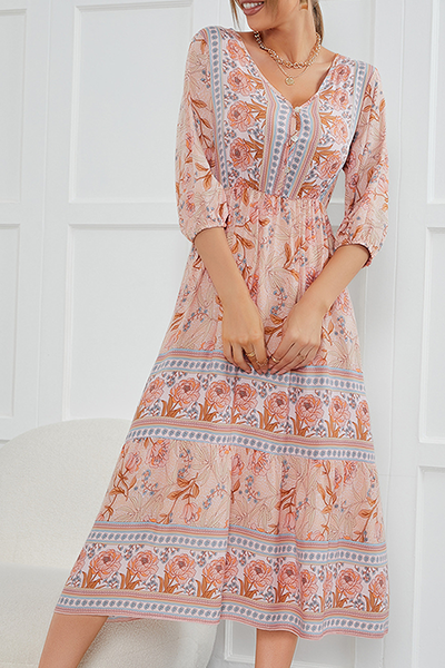 Bohemian Floral Buckle V Neck A Line Dresses - Fashionpara
