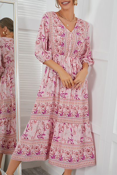 Bohemian Floral Buckle V Neck A Line Dresses - Fashionpara