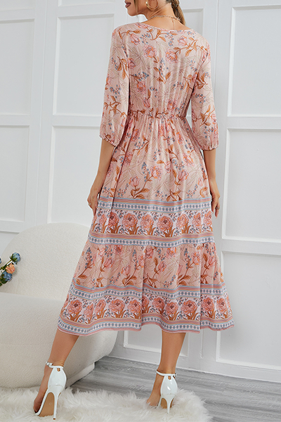 Bohemian Floral Buckle V Neck A Line Dresses - Fashionpara