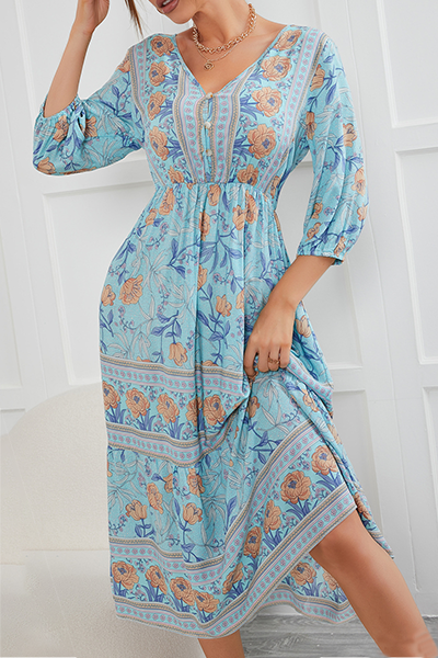 Bohemian Floral Buckle V Neck A Line Dresses - Fashionpara