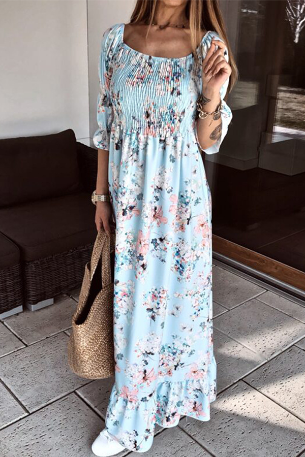 Elegant Floral Flounce Fold Off the Shoulder A Line Dresses(3 Colors) - Fashionpara