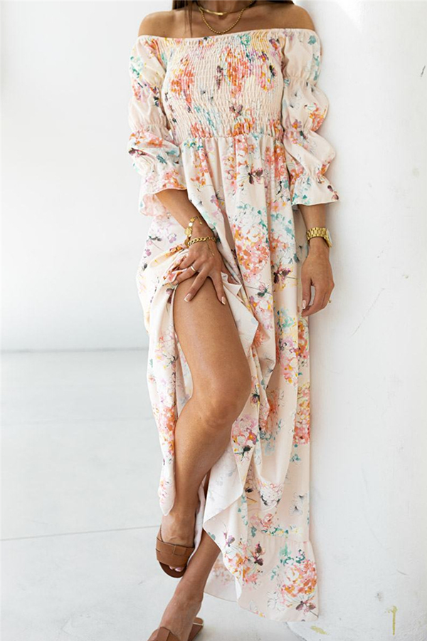 Elegant Floral Flounce Fold Off the Shoulder A Line Dresses(3 Colors) - Fashionpara