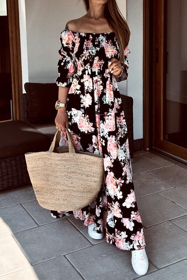 Elegant Floral Flounce Fold Off the Shoulder A Line Dresses(3 Colors) - Fashionpara