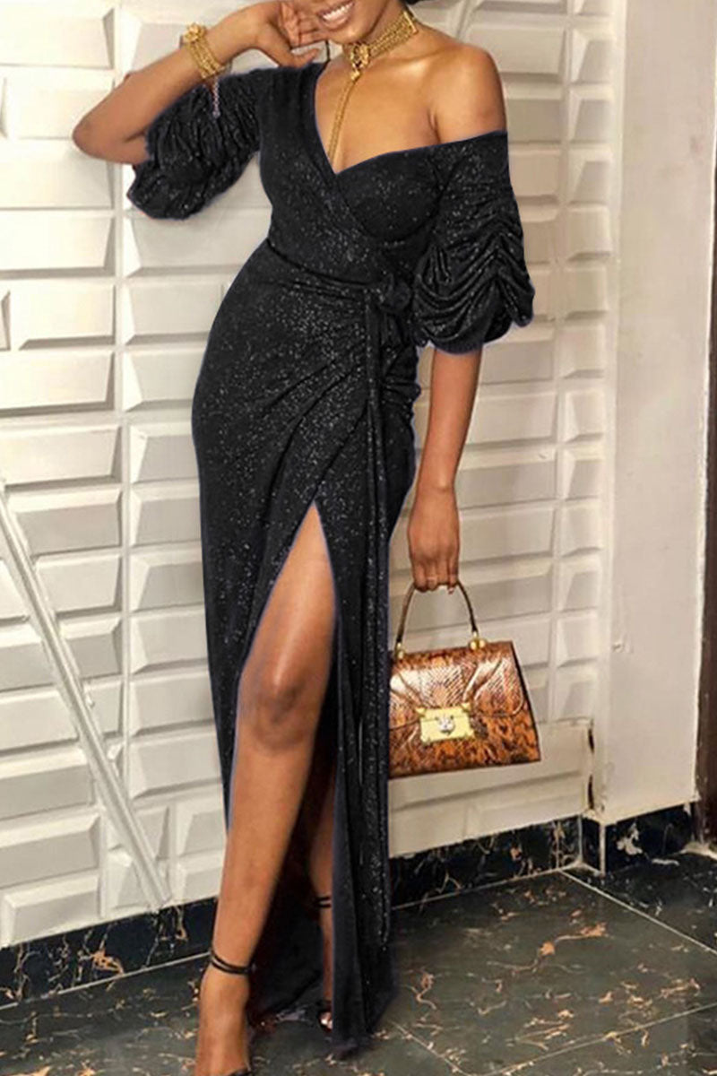 Sexy Solid Patchwork V Neck Evening Dress Dresses - Fashionpara