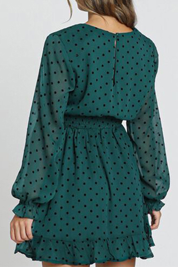 Elegant Polka Dot Patchwork Flounce V Neck Waist Skirt Dresses - Fashionpara