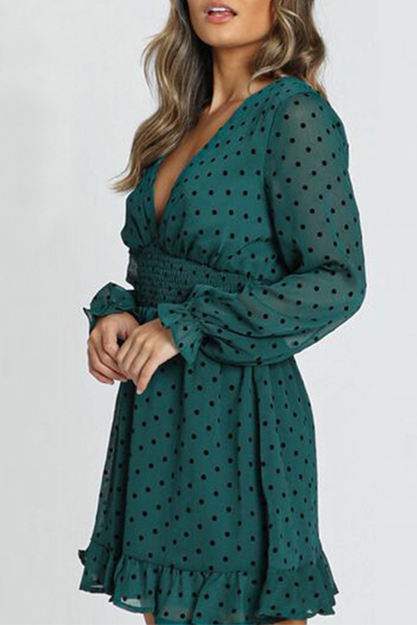 Elegant Polka Dot Patchwork Flounce V Neck Waist Skirt Dresses - Fashionpara