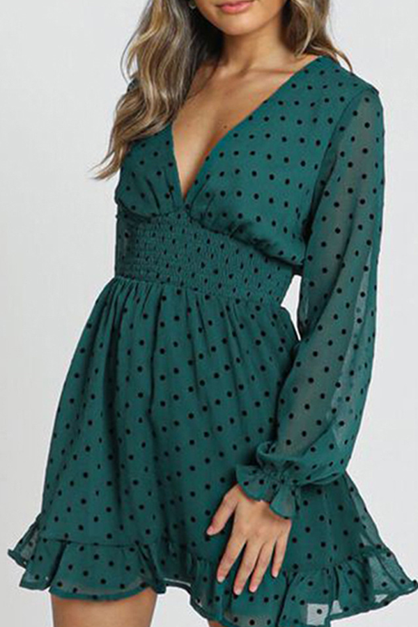 Elegant Polka Dot Patchwork Flounce V Neck Waist Skirt Dresses - Fashionpara