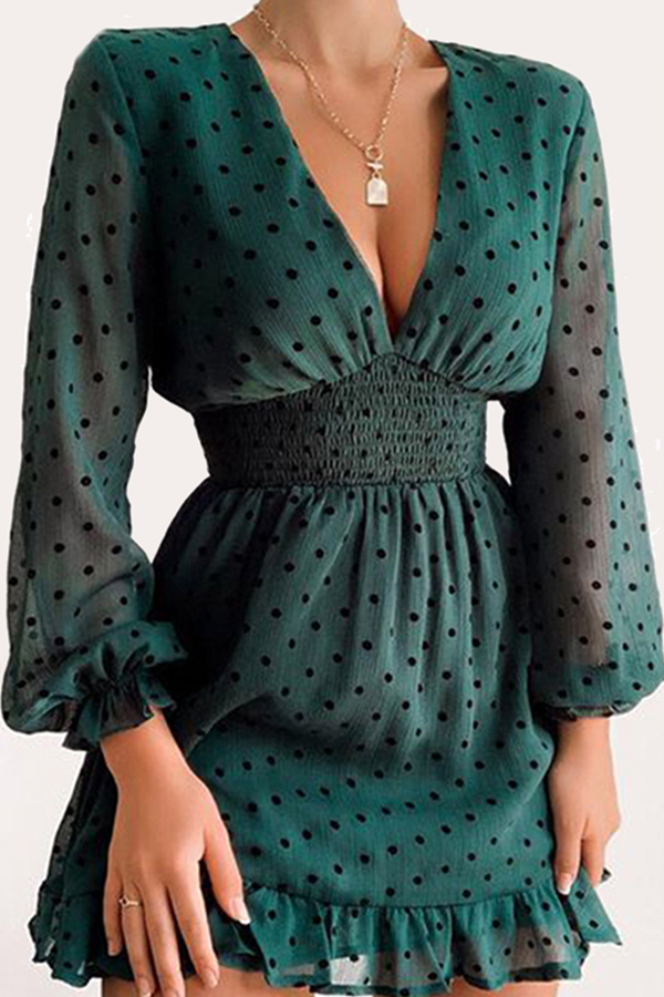 Elegant Polka Dot Patchwork Flounce V Neck Waist Skirt Dresses - Fashionpara